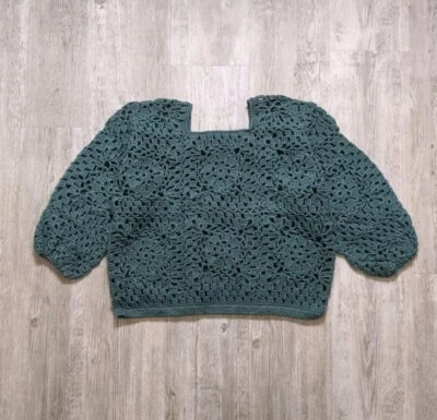 Винтажный ручной вязки бабушка укороченный 3/4 рукава свитер Sz M коренастый вязаный бирюзовый  - Изображение 1 из 4