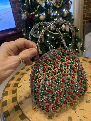 VTG Red And Green Beaded Metal Purse Evening Retro Formal Party Med. Mesh. NWOT - Image 1 of 4