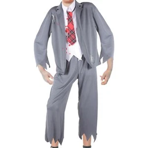 Boys Zombie Lapel Collar Grey Shirt Trouse Set With Tie Halloween Night set 3-14 - Picture 1 of 6