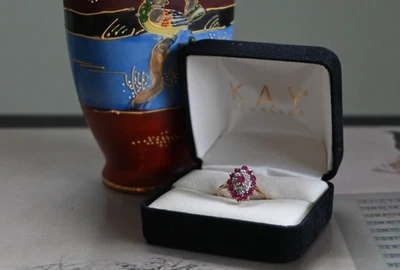 10K Solid Yellow Gold Marquise Cut Ruby and Diamond Cluster Ring By Pranda Sz 8 - Image 1 of 4