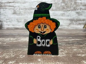 Strega Halloween Boo arte popolare country vintage anni 90 in legno dipinto a mano - Foto 1 di 6