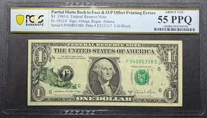 $1 1981A FRN Error - Double Offset - Partial Matte B2F & Overprint - PCGS 55 PPQ - Picture 1 of 3