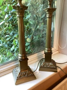 Pair Of Vintage Corinthian Column Brass Table Lamps 20” Tall To Bulb No Shades - Picture 1 of 4
