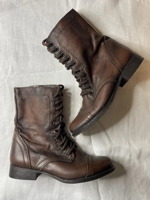 STEVE MADDEN 尺寸 6 M 棕色皮革战斗骑手系带摩托车踝靴 TROOPA — 第 1/4 张图片