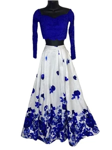 Pailletten Herzen Junior Ballkleid Größe 3 blau weiß Blumenmuster zweiteilig formell neu mit Etikett - Bild 1 von 16