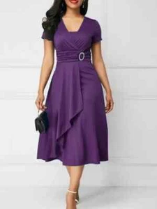 Summer Dresses Elegant Women Solid Color Short Sleeve V Neck Asymmetric - Picture 1 of 13