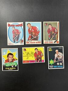 STAN MIKITA VINTAGE LOT (x6) LATE 60’S EARLY 70’S-TOPPS & OPC BLACK HAWKS NICE!
