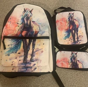 Horse Watercolor Art Design Backpack for Kids Lunchbox Pencil Case Set NWOT - Picture 1 of 8