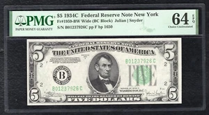 FR. 1959-BW 1934-C $5 FRN FEDERAL RESERVE NOTE NEW YORK, NY PMG UNC-64EPQ (B) - Picture 1 of 2
