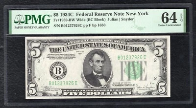 FR. 1959-BW 1934-C $5 FRN FEDERAL RESERVE NOTE NEW YORK, NY PMG UNC-64EPQ (B) - Image 1 of 2