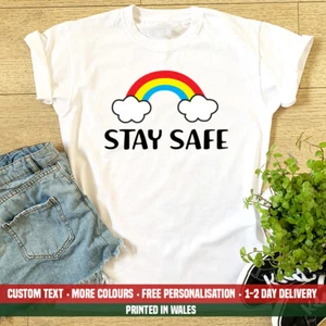 Ladies Stay Safe Rainbow T Shirt Summer Holiday NHS Shield Mum Birthday Gift Top - Picture 1 of 1