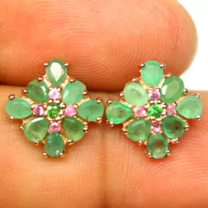 Pendientes De Esmeralda Verde, Rubí Y Granate Tsavorite De 925 Plata Oro Rosa - Imagen 1 de 4