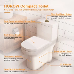 One Piece Small Compact Toilet W/ Gold Flush Button 25" Length Dual Flush - Picture 1 of 11