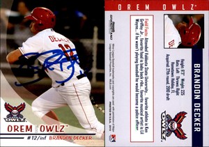 Brandon Decker Signed 2010 Grandstand Orem Owlz #NNO Card Auto