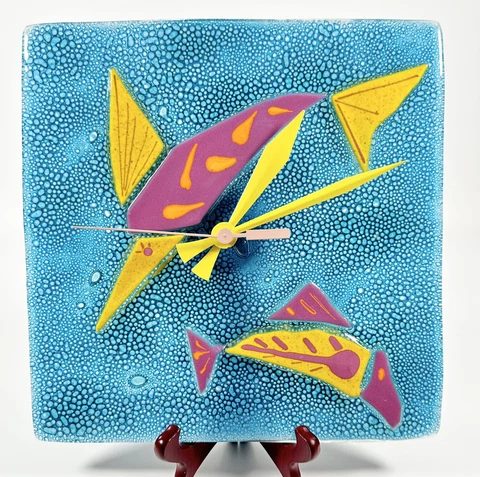 80S VINTAGE POP ART WALL CLOCK NEON FUSED ART GLASS FISH 10” x 10” POST MODERN Cover