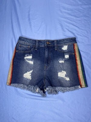 Tinseltown Denim Shorts / Distressed / Rainbow Sides / Size 5 - Image 1 of 4