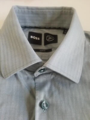 HUGO  BOSS Large Men's 41/16 Blue Herringbone Long sleeves Button-Down Shirt - Image 1 of 4