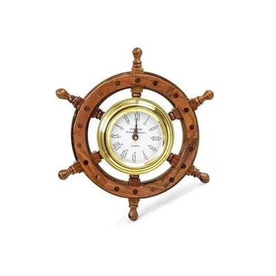Premium Nautical Hand Crafted Brass Time's Clock Wooden Ship Wheel | 12 Inches - Image 1 of 4