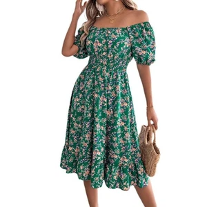 Damen Quadrat-Ausschnitt Kleid Puff Kurzarm Floral Rüsche A-Linie Off-Shoulder - Bild 1 von 24