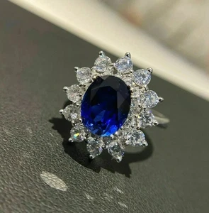 Fede Nuziale Diamante Zaffiro Blu Naturale Taglio Ovale 2,60 Ct Oro Bianco 14K - Foto 1 di 12