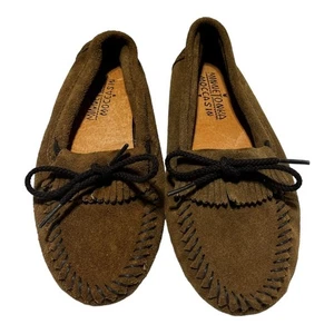 Minnetonka brown leather moccasins KIDS SIZE 2 boy girl unisex - Picture 1 of 4