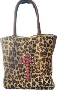 KurtMen Handtasche Echtfell Animal Print Lederbesatz roter Stein Kreuz Strass - Bild 1 von 10