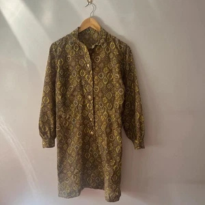 Vintage Handmade 1960s 70s Brown & Yellow Floral Shirt Dress Fits UK 10/12/14 - Picture 1 of 11