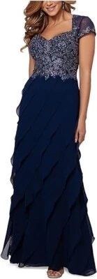 Xscape шифона украшенный вечер темно-синий Серебряный sz 4 ярусный платье $450 Pageant - Изображение 1 из 3