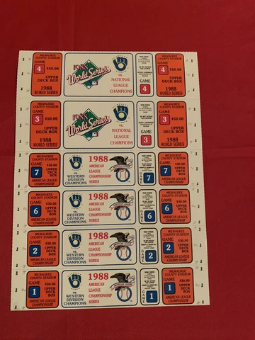 1988 Milwaukee Brewers Phantom ALCS World Series 7-Ticket Orange Sheet 7" x 12" Cover