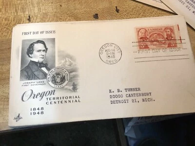 First day of issue, 1948 Oregon Territorial Centennial Joseph Lane 1st Governor - Image 1 of 2