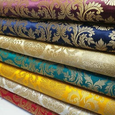 Brocade Floral Fabric Gold Metallic Jacquard Dress Craft Quilting Material 44" - Image 1 of 4