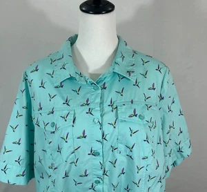CJ Banks Shirt Womens 1X Green Hummingbirds Print Button Up Short Sleeve Blouse - Picture 1 of 8