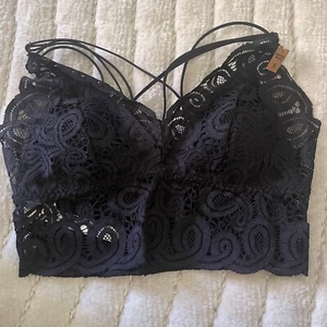 Victoria's Secret PINK SMALL Black Lace Strappy Back Longline Bralette A7 - Picture 1 of 7