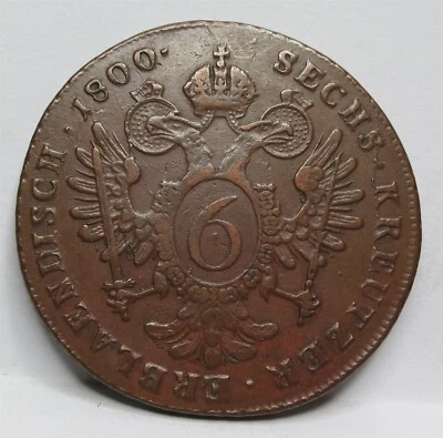 AUSTRIA Hungría Imperio 6 Kreutzer 1800 B VF / XF Kremnitz Franz I Cobre #S12 Foto 1 de 4