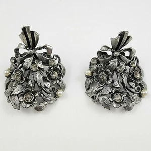 Vintage signierte MUSI Schuhclips Blumen Schleife Strass silberfarben - Bild 1 von 7