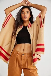 Free People Pep Rally Stripe Zip Poncho Sweater Jacket Camel Red OS NWOT $128 - Picture 1 of 1