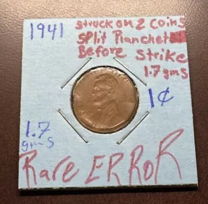1941 1c Lincoln Cent Struck on 2 Coins Split Planchet Before Strike 1.7 Grams - Picture 1 of 14