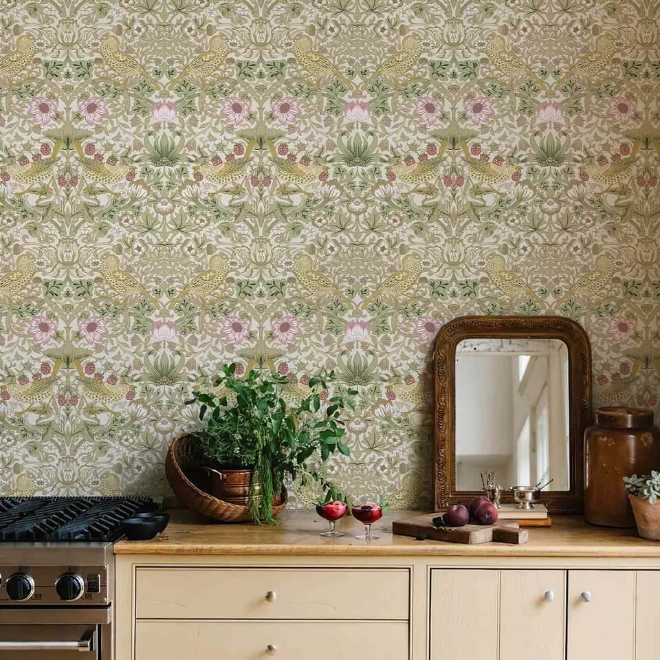 William Morris Vintage Peel &Stick Wallpaper Beige Strawberry&Bird Contact Paper - Image 1 of 4