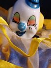 VTG Porcelain Clown Doll Handcrafted 5" Wired Posable Soft Body Yellow/Blue