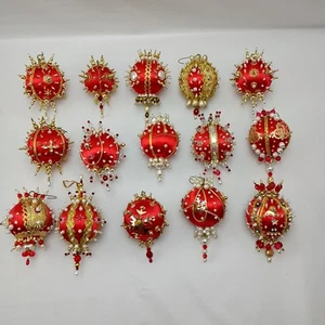 Vintage Fancy Push Pin Ornament Lot Red And Gold Christmas Tree Ornaments  - Picture 1 of 5