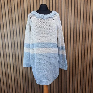 Handmade Tunic Jumper Womens XL Open Knit Wool White Blue Ruffle Neck - Picture 1 of 10
