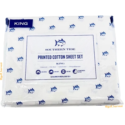 Southern Tide Printed Skipjack Logo Pattern Cotton Sheet Set - White, King Size - Image 1 of 4