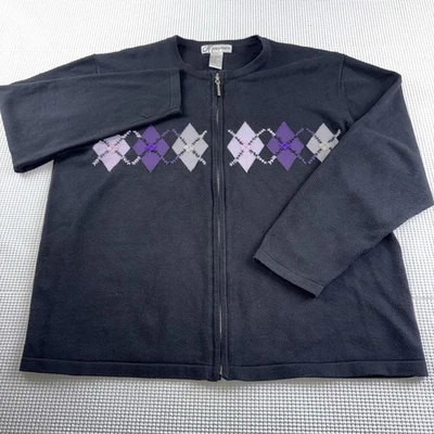 Dressbarn Black, Purple, Gray Sweater Womens XL Argyle Full Zip Knit Cardigan - Image 1 of 4
