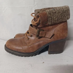 K9 Rocket Dog Womens Sz 8 Brown Leather Block Heel Ankle Boots Lace Up Turn Down - Picture 1 of 10