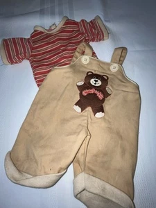 Vintage Cabbage Patch Teddy Bear Overalls Set Stripe T-Shirt Red Tan - Afbeelding 1 van 16