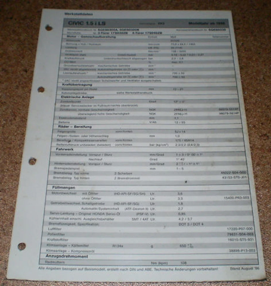 Hoja De Inspección Honda Civic 1.5i LS Año De Modelo 1996! - Imagen 1 de 1