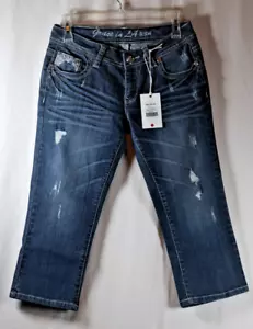 Grace in LA Distressed Cropped Bling with Lace Low Rise Jeans Size 7 - Picture 1 of 2