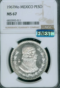 1967 Mo MEXICO SILVER 1 PESO NGC MS67 FINEST REGISTRY & MAC SPOTLESS PROOFLIKE . - Picture 1 of 2