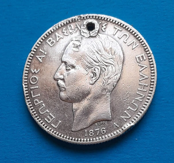 Greece Silver Coin 1876 - 5 Dr - King Georgios A-(HOLED)-KM#46 - Image 1 of 2