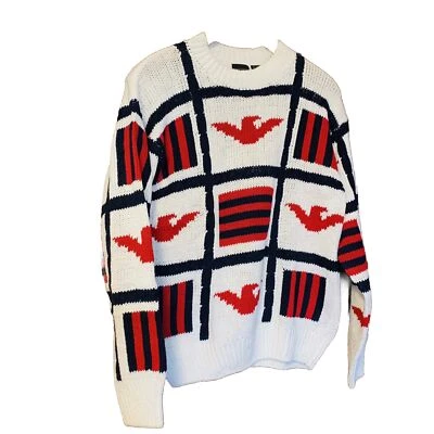 Vtg Sweater Red White Blue Thunderbird Flag Crew Neck S Cotton Ramie 90s July 4 - Image 1 of 4